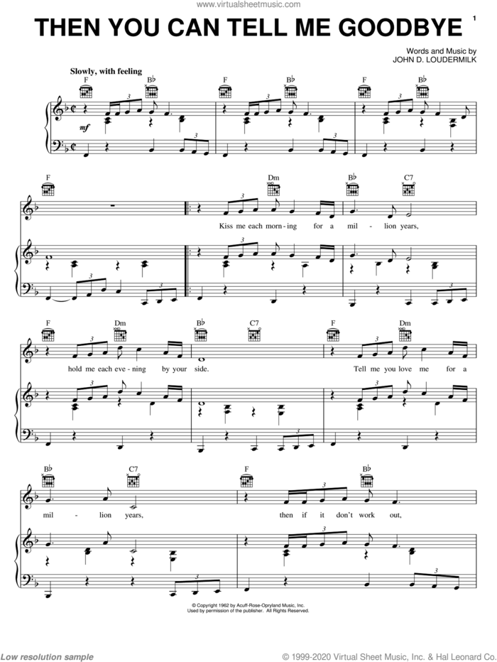 Then You Can Tell Me Goodbye sheet music for voice, piano or guitar by The Casinos, Eddy Arnold and John D. Loudermilk, intermediate skill level