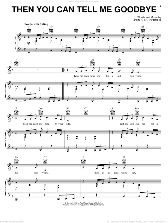 Then You Can Tell Me Goodbye sheet music for voice, piano or guitar by The Casinos, Eddy Arnold and John D. Loudermilk, intermediate skill level