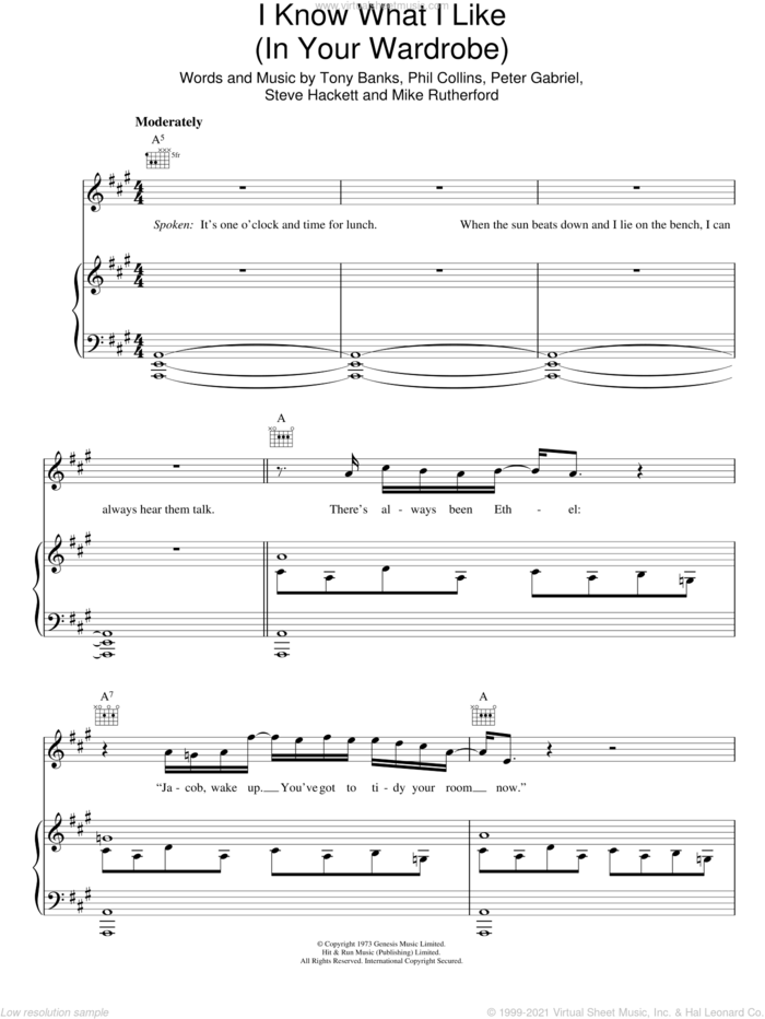 I Know What I Like (In Your Wardrobe) sheet music for voice, piano or guitar by Genesis, Mike Rutherford, Peter Gabriel, Phil Collins, Steve Hackett and Tony Banks, intermediate skill level