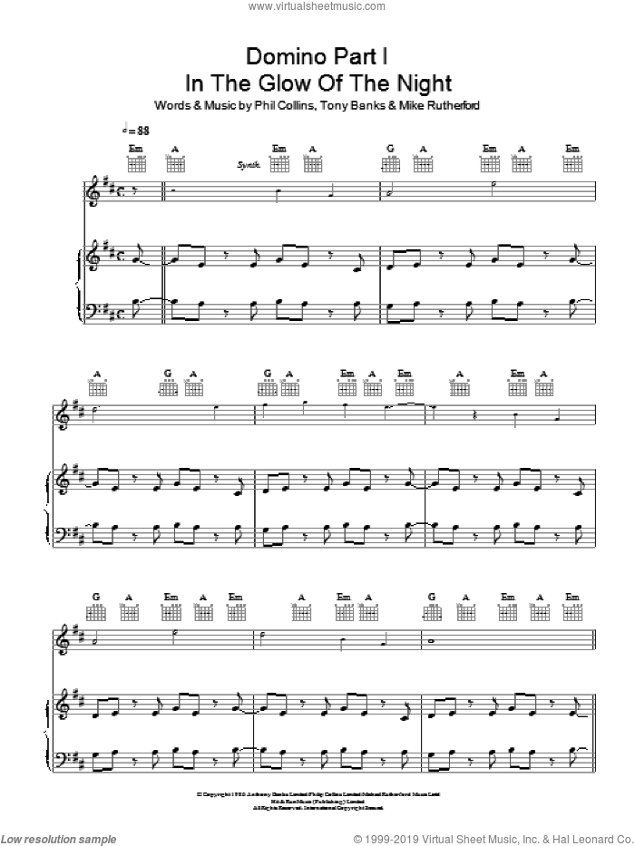 Domino Part 1: In The Glow Of The Night sheet music for voice, piano or guitar by Genesis, Mike Rutherford, Phil Collins and Tony Banks, intermediate skill level