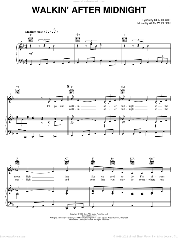 Walkin' After Midnight sheet music for voice, piano or guitar by Patsy Cline, Alan W. Block and Don Hecht, intermediate skill level