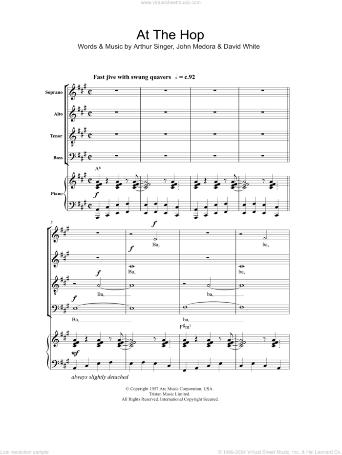 At The Hop sheet music for choir (SATB: soprano, alto, tenor, bass) by Danny & The Juniors, Arthur Singer, David White and John Medora, intermediate skill level