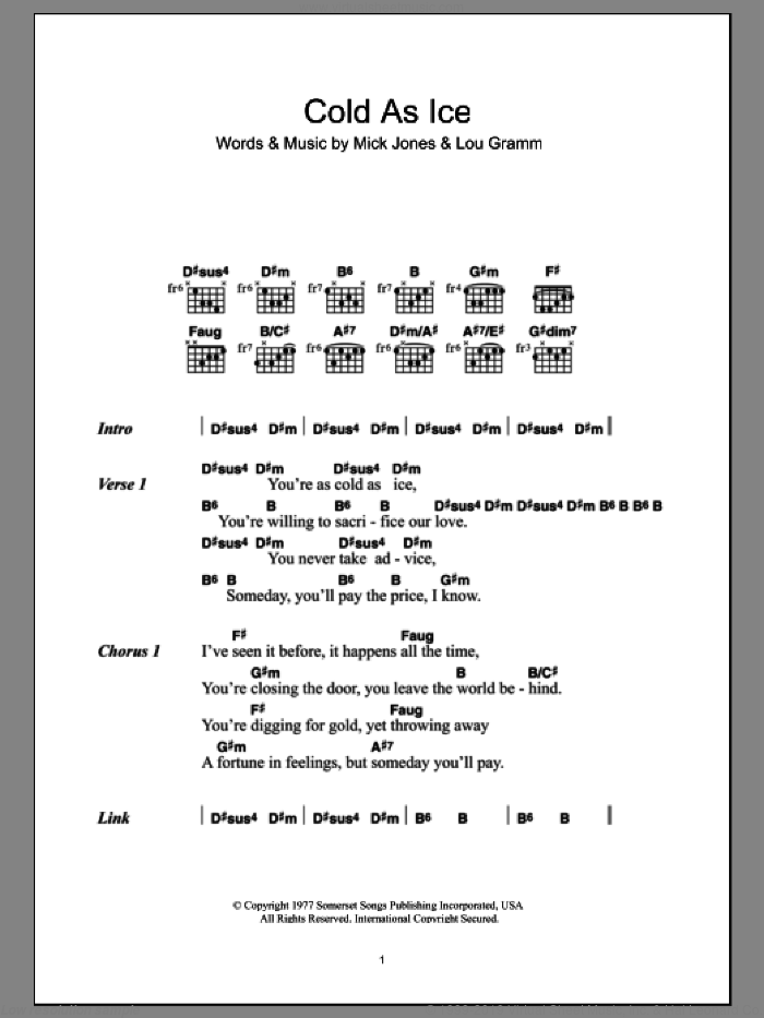 Cold As Ice sheet music for guitar (chords) by Foreigner, Lou Gramm and Mick Jones, intermediate skill level