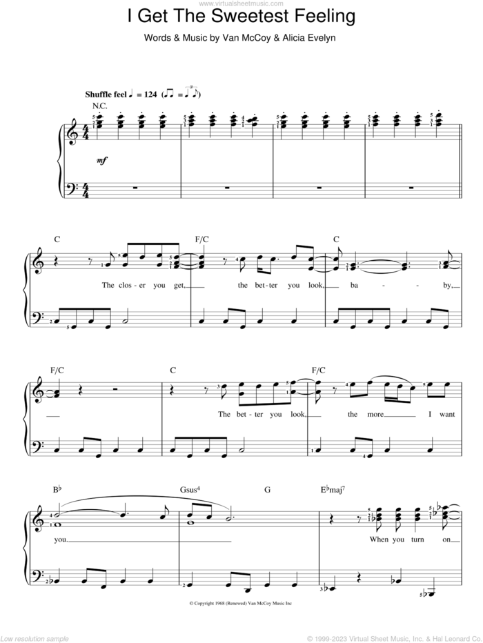 I Get The Sweetest Feeling, (easy) sheet music for piano solo by Jackie Wilson, Alicia Evelyn and Van McCoy, easy skill level