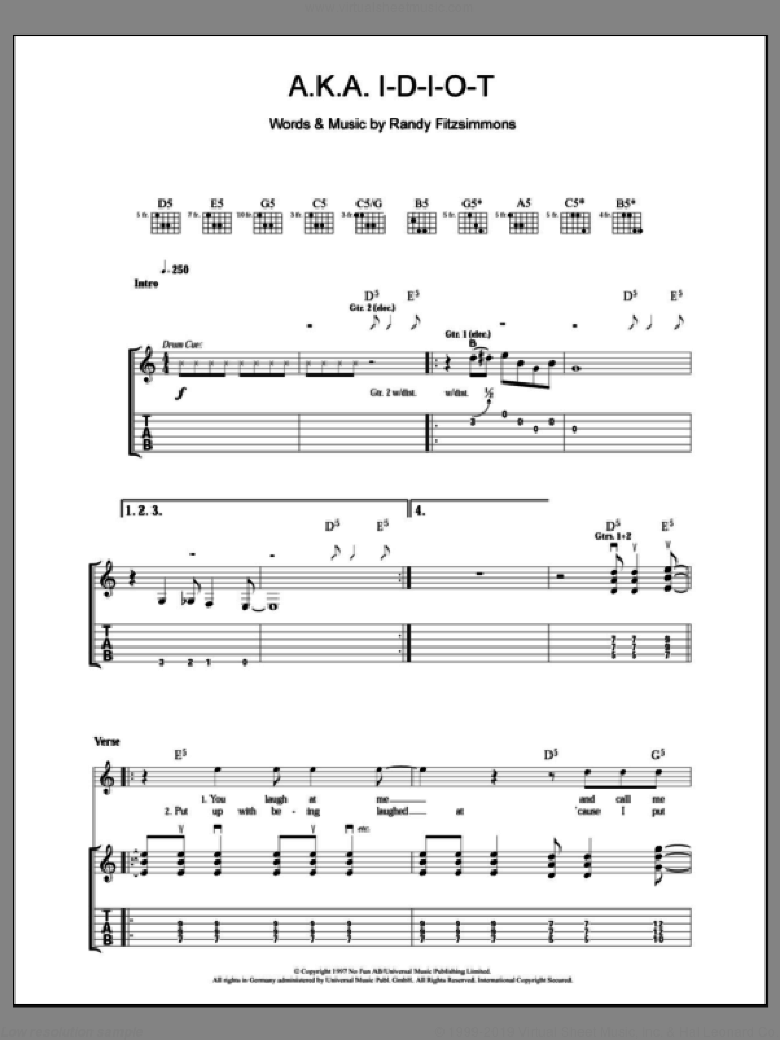 A.K.A. I-D-I-O-T sheet music for guitar (tablature) by The Hives and Randy Fitzsimmons, intermediate skill level