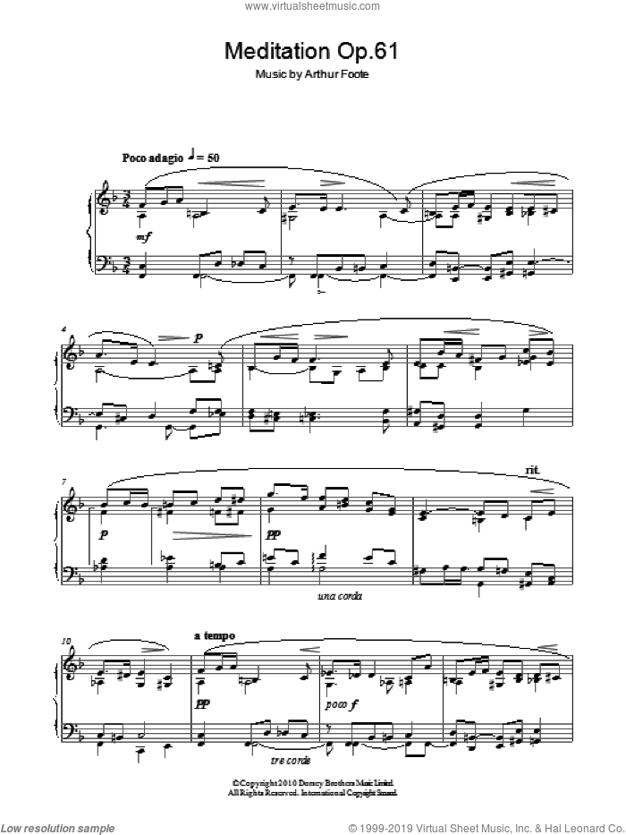 Meditation Op.61 sheet music for piano solo by Arthur Foote, classical score, intermediate skill level