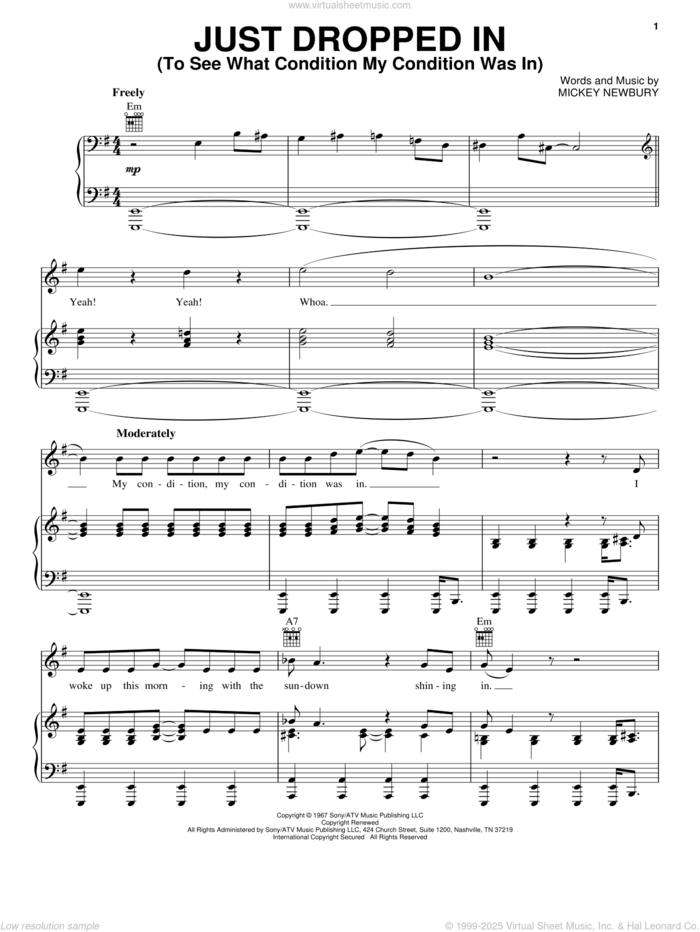 Just Dropped In (To See What Condition My Condition Was In) sheet music for voice, piano or guitar by Kenny Rogers, Willie Nelson and Mickey Newbury, intermediate skill level