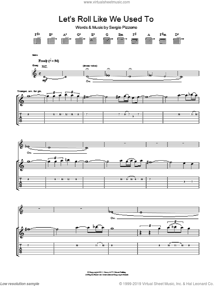 Let's Roll Just Like We Used To sheet music for guitar (tablature) by Kasabian and Sergio Pizzorno, intermediate skill level