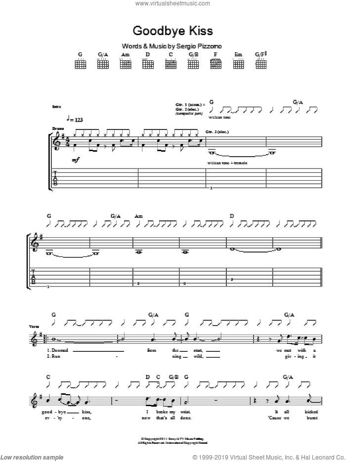 Goodbye Kiss sheet music for guitar (tablature) by Kasabian and Sergio Pizzorno, intermediate skill level