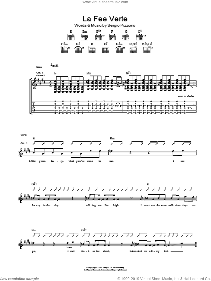 Le Fee Verte sheet music for guitar (tablature) by Kasabian and Sergio Pizzorno, intermediate skill level