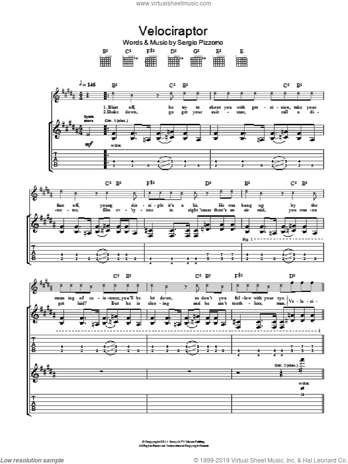 Velociraptor! sheet music for guitar (tablature) by Kasabian and Sergio Pizzorno, intermediate skill level