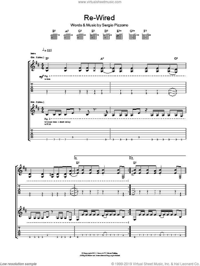 Re-Wired sheet music for guitar (tablature) by Kasabian and Sergio Pizzorno, intermediate skill level