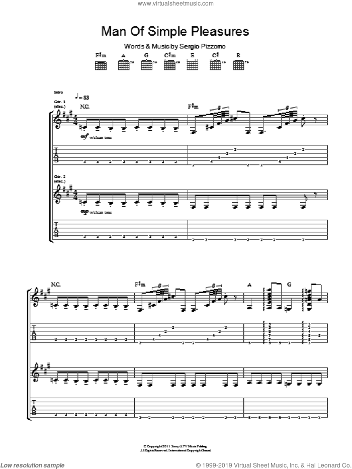 Man Of Simple Pleasures sheet music for guitar (tablature) by Kasabian and Sergio Pizzorno, intermediate skill level