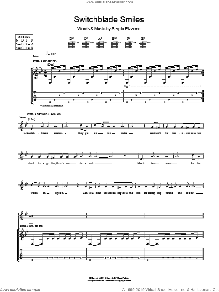 Switchblade Smiles sheet music for guitar (tablature) by Kasabian and Sergio Pizzorno, intermediate skill level