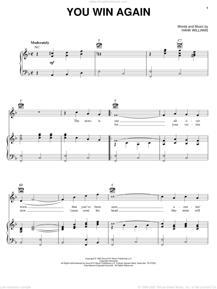 You Win Again sheet music for voice, piano or guitar by Hank Williams and Johnny Cash, intermediate skill level