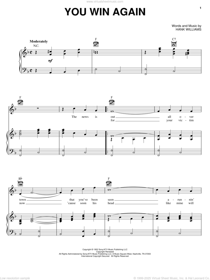 You Win Again sheet music for voice, piano or guitar by Hank Williams and Johnny Cash, intermediate skill level