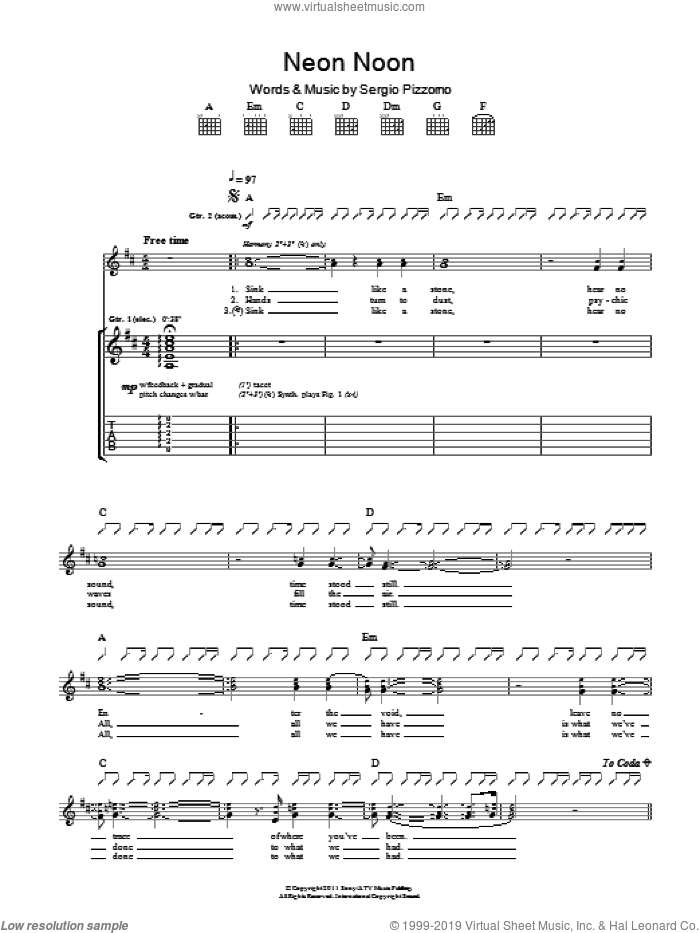 Neon Noon sheet music for guitar (tablature) by Kasabian and Sergio Pizzorno, intermediate skill level