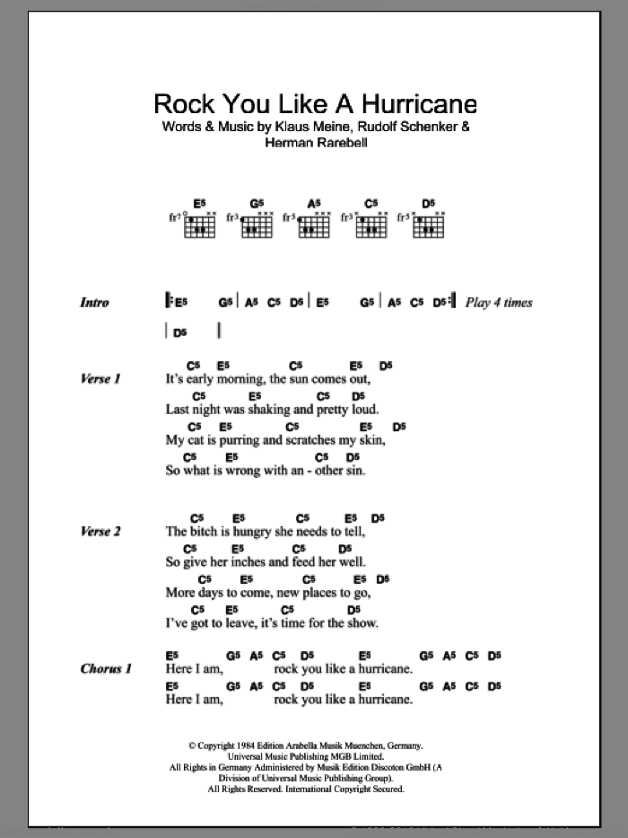 Rock You Like A Hurricane sheet music for guitar (chords) by The Scorpions, Herman Rarebell, Klaus Meine and Rudolf Schenker, intermediate skill level