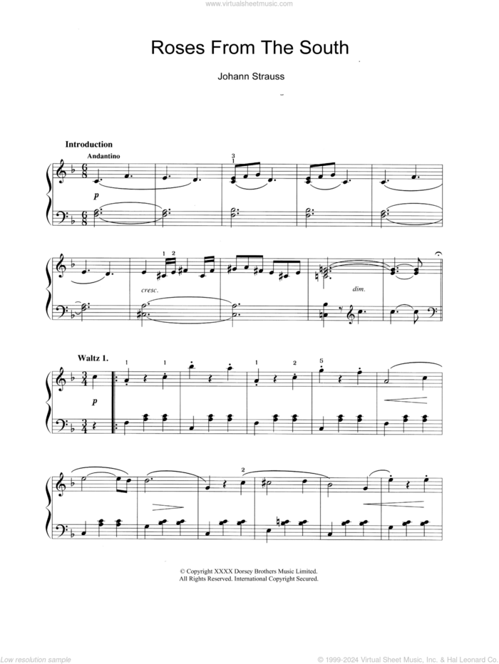 Roses From The South sheet music for piano solo by Johann Strauss, Jr., classical score, intermediate skill level