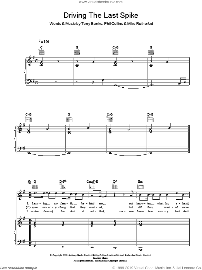 Driving The Last Spike sheet music for voice, piano or guitar by Genesis, Mike Rutherford, Phil Collins and Tony Banks, intermediate skill level