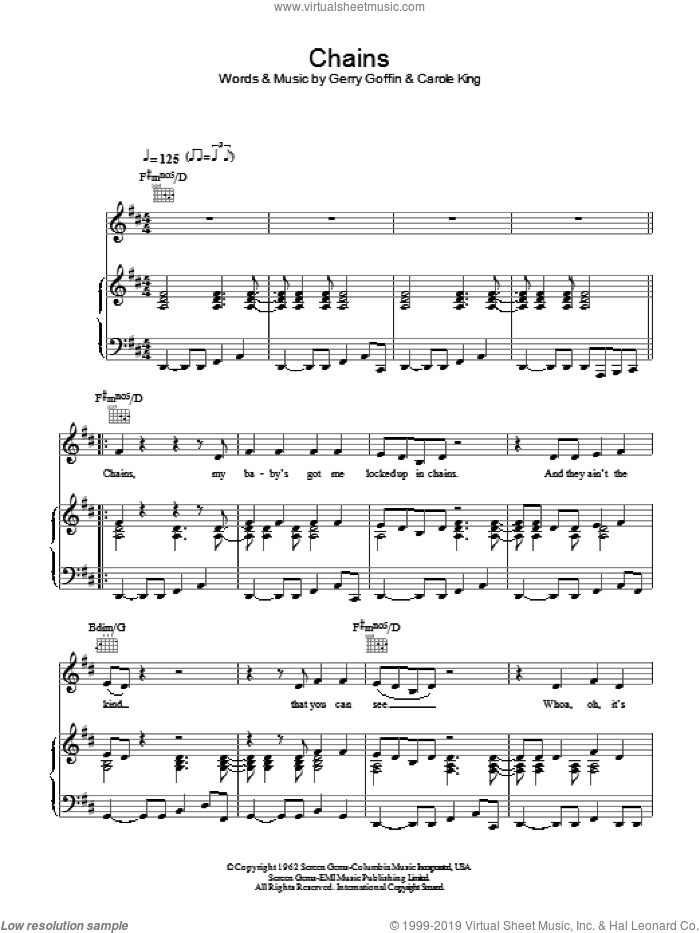 Chains sheet music for voice, piano or guitar by The Cookies, Carole King and Gerry Goffin, intermediate skill level