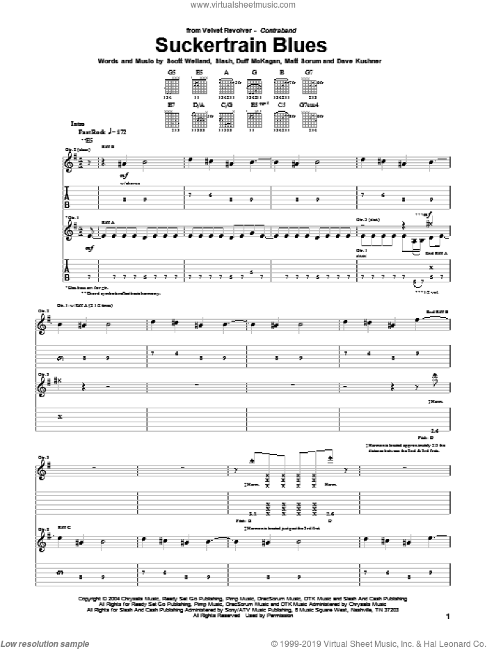 Suckertrain Blues sheet music for guitar (tablature) by Velvet Revolver, Dave Kushner, Duff McKagan, Matt Sorum, Scott Weiland and Slash, intermediate skill level