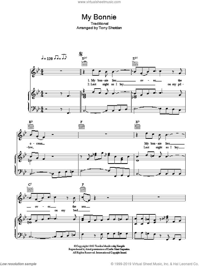 My Bonnie sheet music for voice, piano or guitar by Ray Charles, Tony Sheridan and Miscellaneous, intermediate skill level