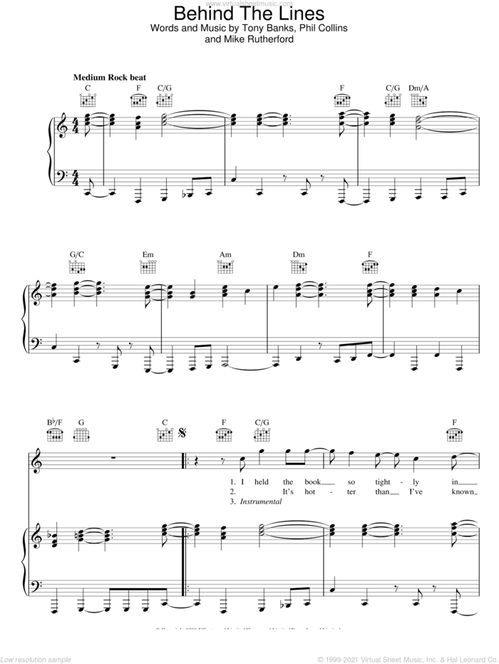 Behind The Lines sheet music for voice, piano or guitar by Genesis, Mike Rutherford, Phil Collins and Tony Banks, intermediate skill level
