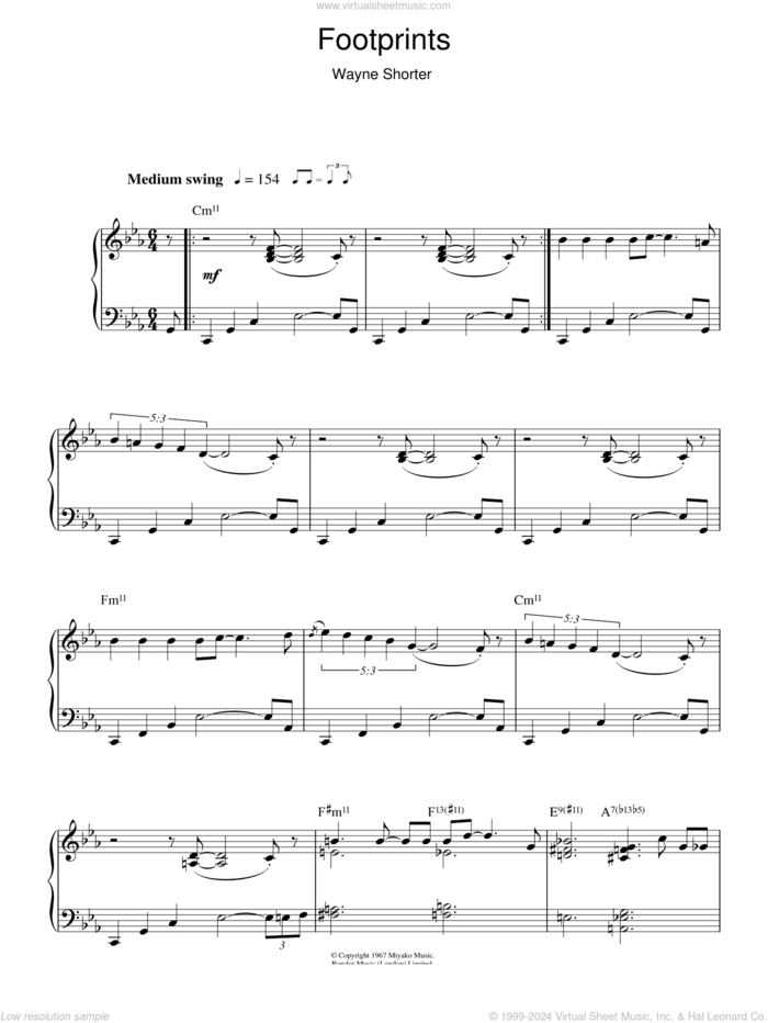 Footprints, (intermediate) sheet music for piano solo by Wayne Shorter, intermediate skill level