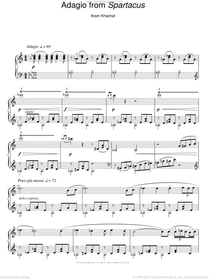 Adagio From Spartacus sheet music for piano solo by Aram Khachaturian, classical score, intermediate skill level