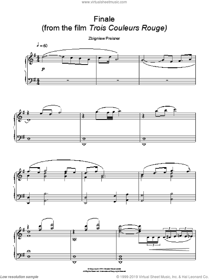 Finale (from Trois Couleurs Rouge) sheet music for piano solo by Zbigniew Preisner, intermediate skill level