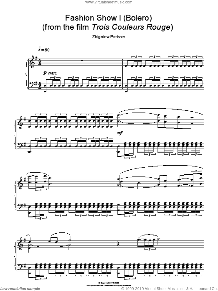Fashion Show I (Bolero) (from Trois Couleurs Rouge) sheet music for piano solo by Zbigniew Preisner, intermediate skill level