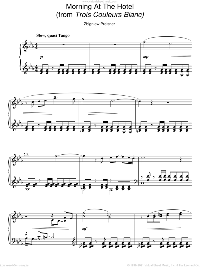 Morning At The Hotel (from Trois Couleurs Blanc) sheet music for piano solo by Zbigniew Preisner, intermediate skill level