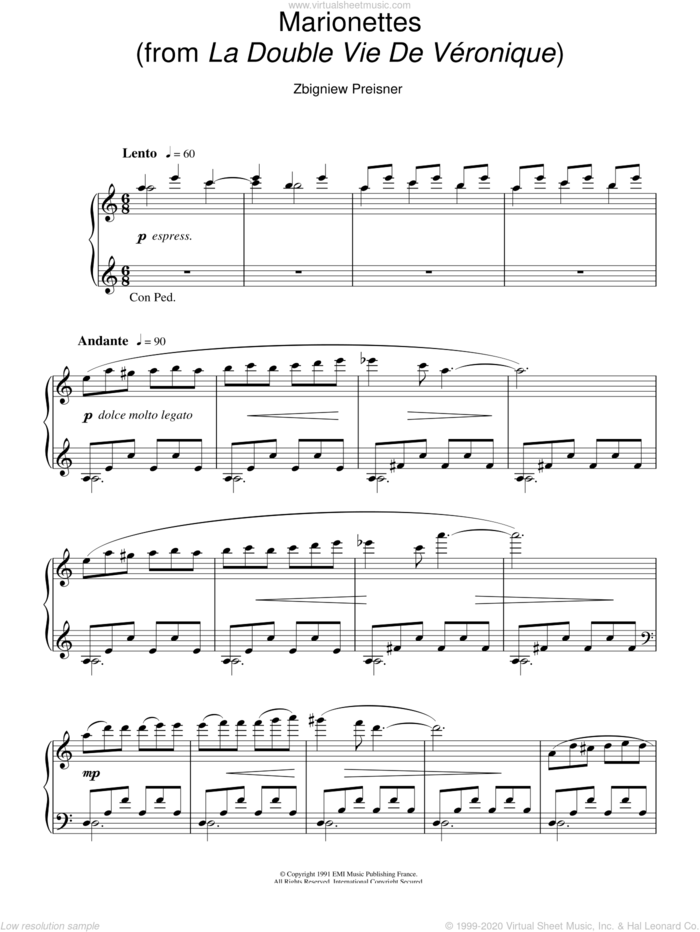 Marionettes (from La Double Vie De Veronique) sheet music for piano solo by Zbigniew Preisner, intermediate skill level