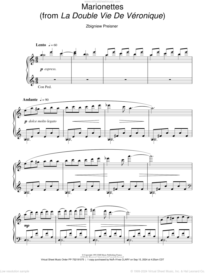 Marionettes (from La Double Vie De Veronique) sheet music for piano solo by Zbigniew Preisner, intermediate skill level