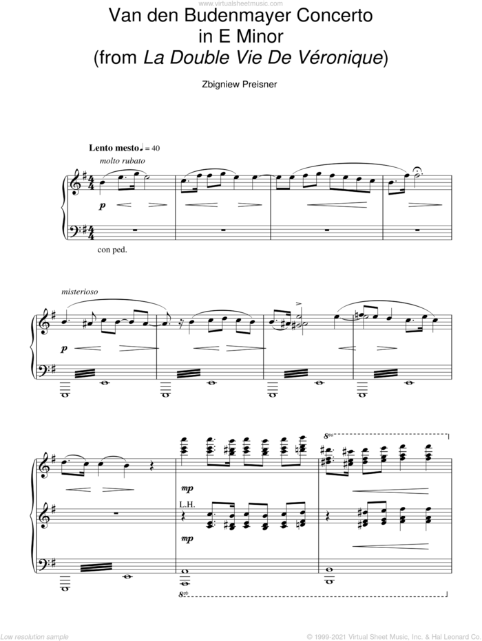 Van Den Budenmayer Concerto In E Minor (from La Double Vie De Veronique) sheet music for piano solo by Zbigniew Preisner, intermediate skill level