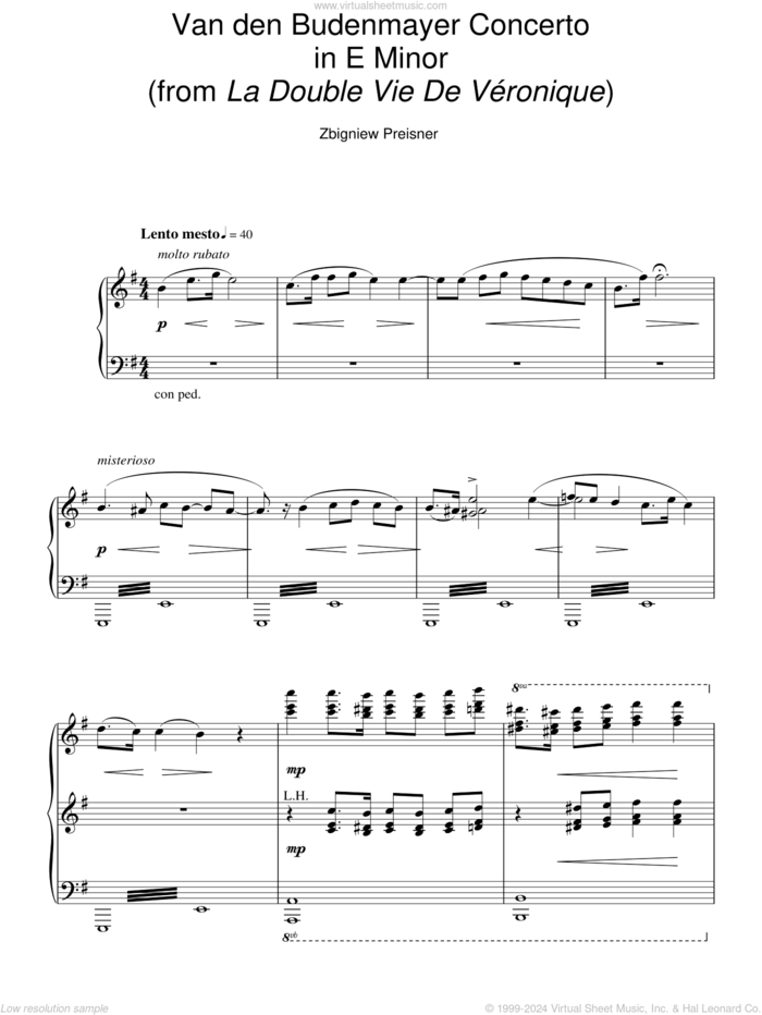 Van Den Budenmayer Concerto In E Minor (from La Double Vie De Veronique) sheet music for piano solo by Zbigniew Preisner, intermediate skill level