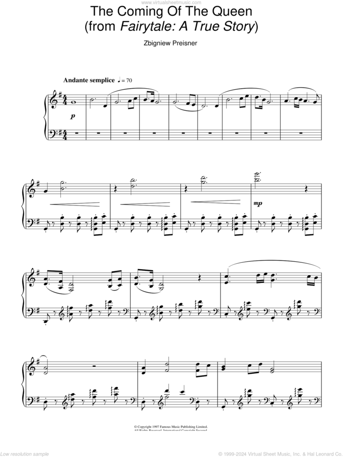 The Coming Of The Queen (from Fairytale: A True Story) sheet music for piano solo by Zbigniew Preisner, intermediate skill level