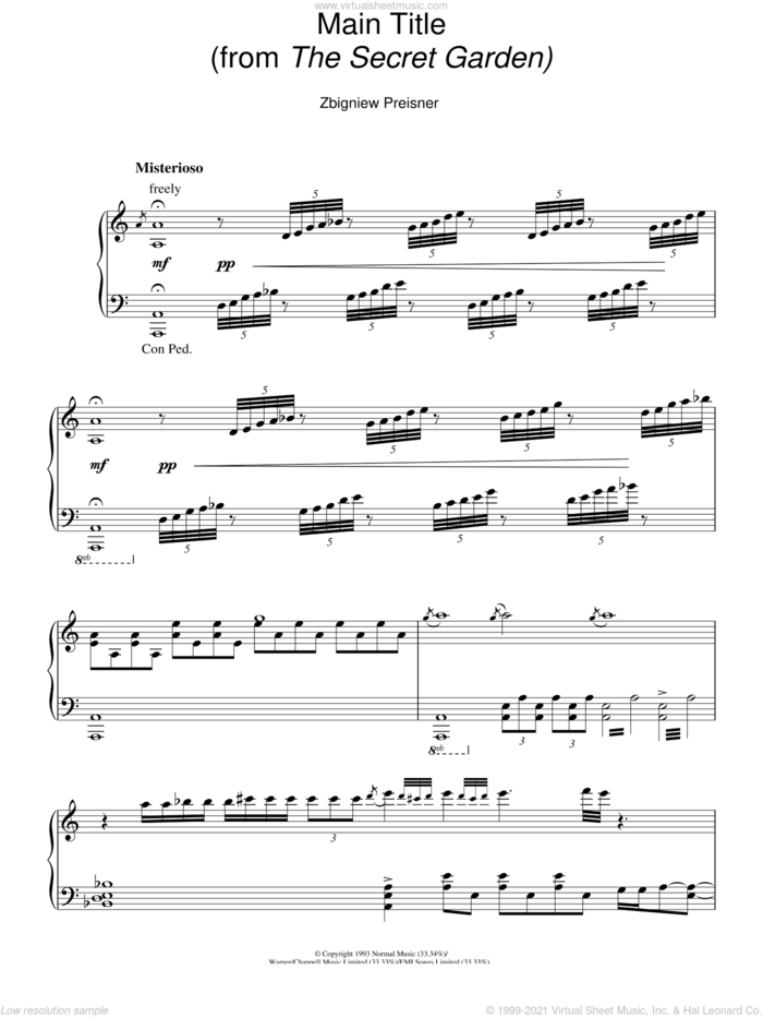 Main Title (from The Secret Garden) sheet music for piano solo by Zbigniew Preisner, intermediate skill level