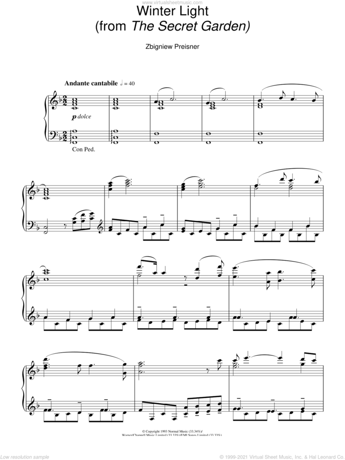 Winter Light (from The Secret Garden) sheet music for piano solo by Zbigniew Preisner, intermediate skill level