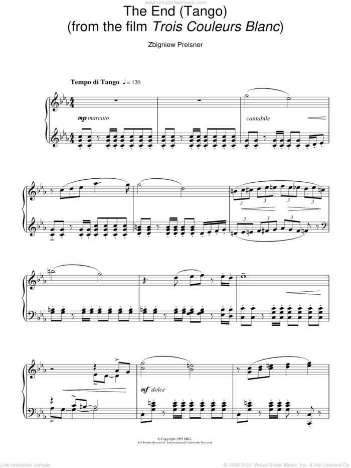 The End (Tango) (from Trois Couleurs Blanc) sheet music for piano solo by Zbigniew Preisner, intermediate skill level
