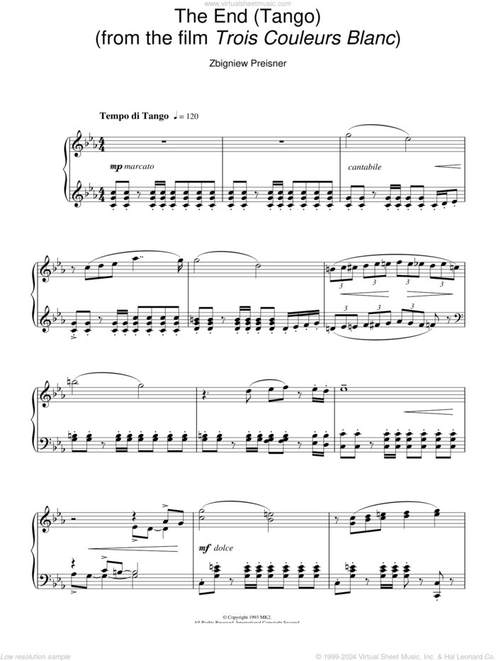 The End (Tango) (from Trois Couleurs Blanc) sheet music for piano solo by Zbigniew Preisner, intermediate skill level