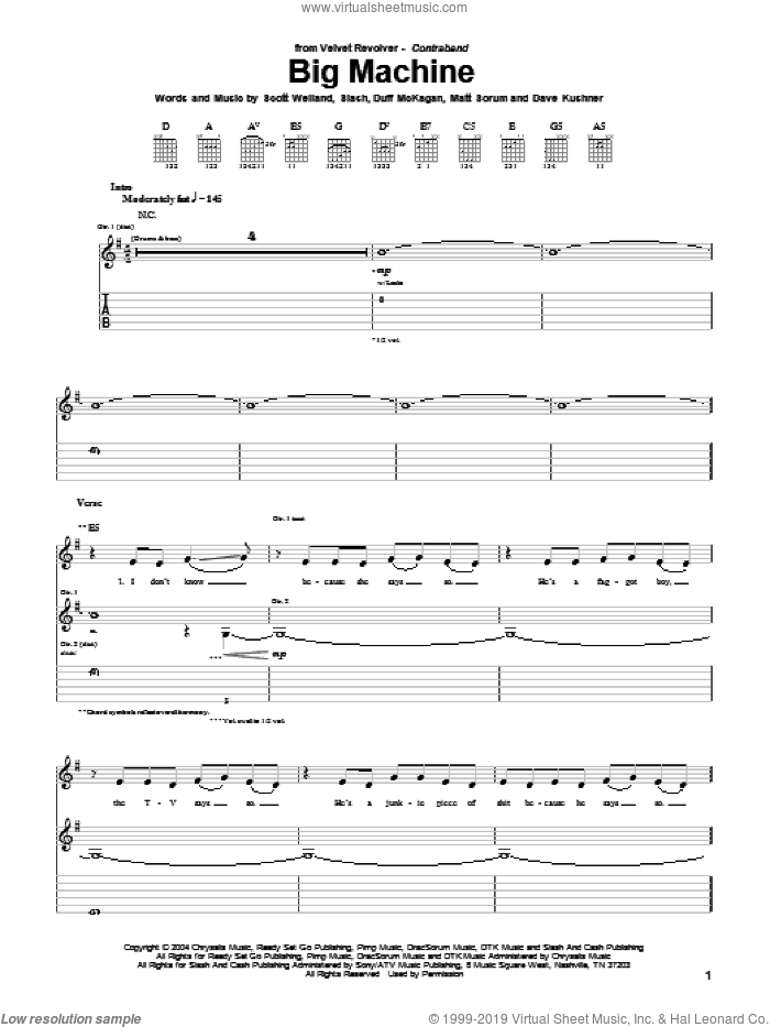 Big Machine sheet music for guitar (tablature) by Velvet Revolver, Dave Kushner, Duff McKagan, Matt Sorum, Scott Weiland and Slash, intermediate skill level
