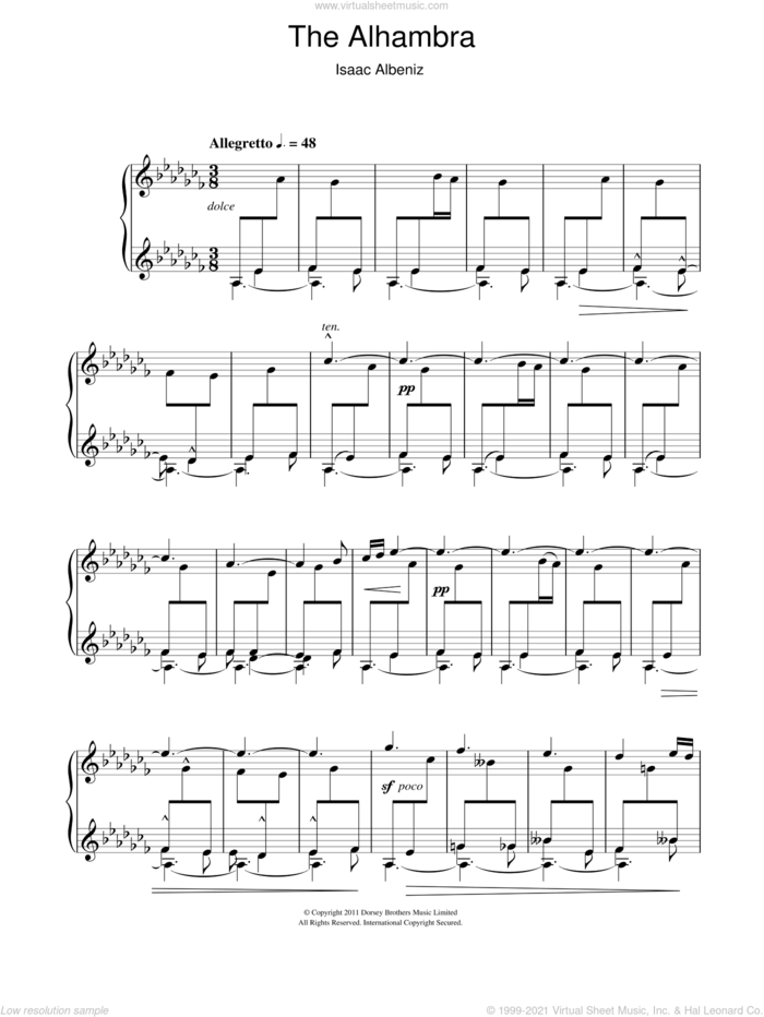 The Alhambra sheet music for piano solo by Isaac Albeniz, classical score, intermediate skill level