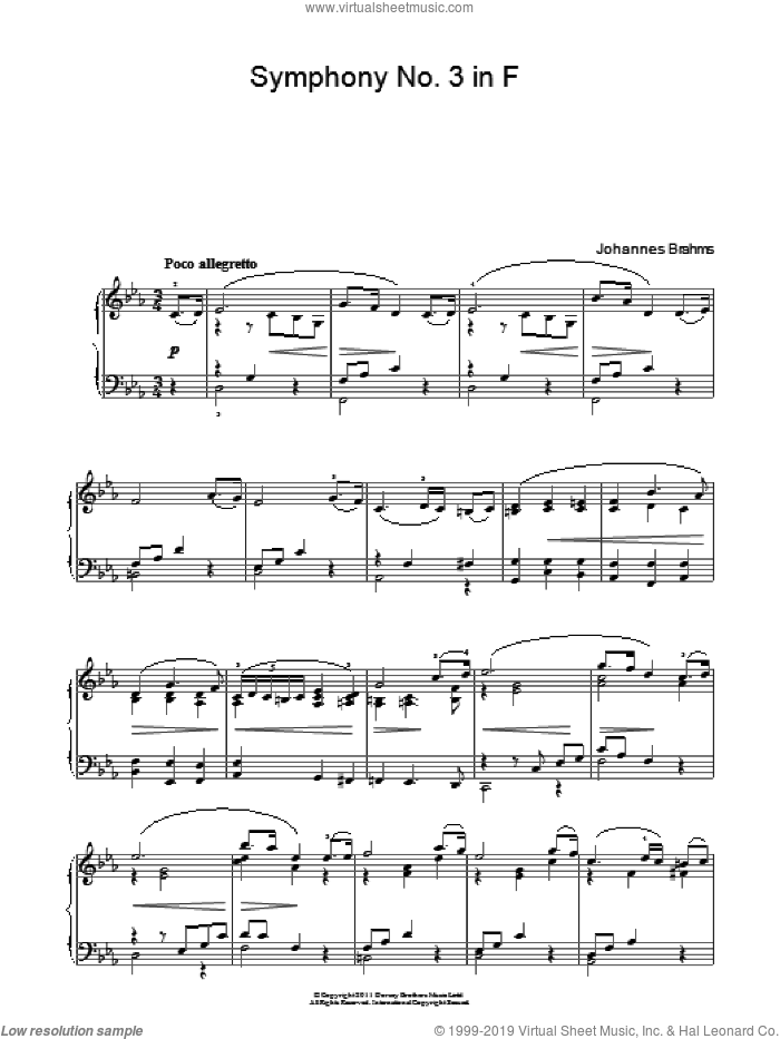 Allegretto From Symphony No. 3 sheet music for piano solo by Johannes Brahms, classical score, intermediate skill level