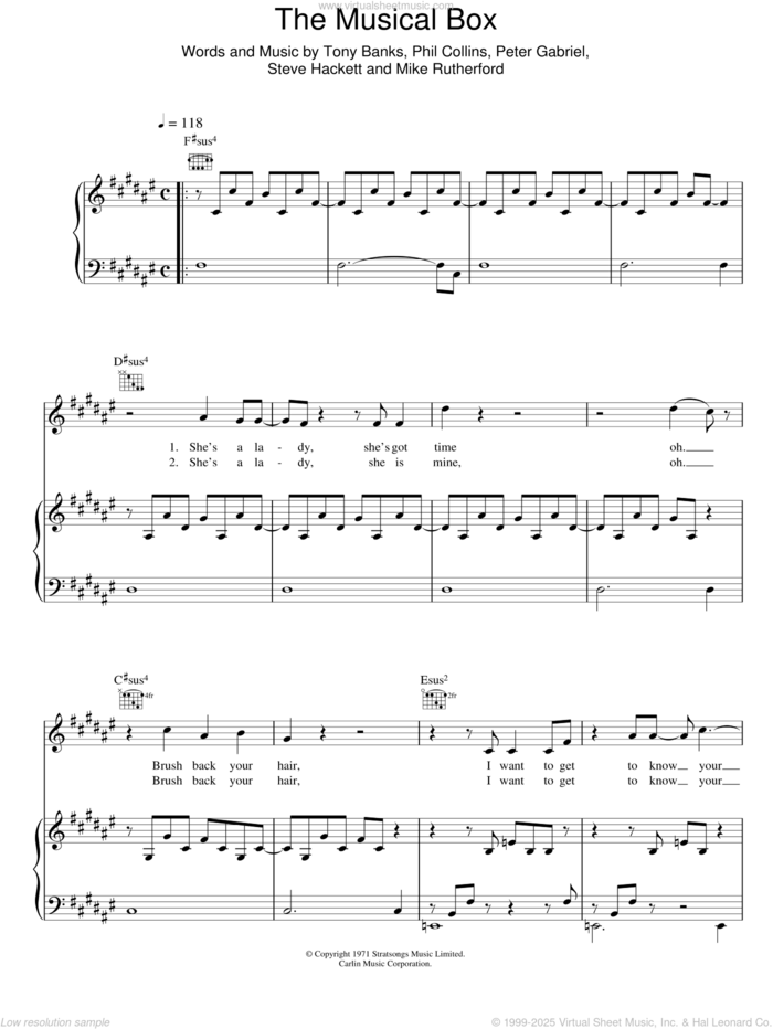 The Musical Box sheet music for voice, piano or guitar by Genesis, Mike Rutherford, Peter Gabriel, Phil Collins, Steve Hackett and Tony Banks, intermediate skill level