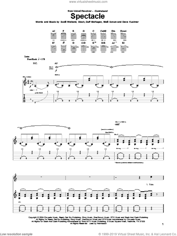 Spectacle sheet music for guitar (tablature) by Velvet Revolver, Dave Kushner, Duff McKagan, Matt Sorum, Scott Weiland and Slash, intermediate skill level