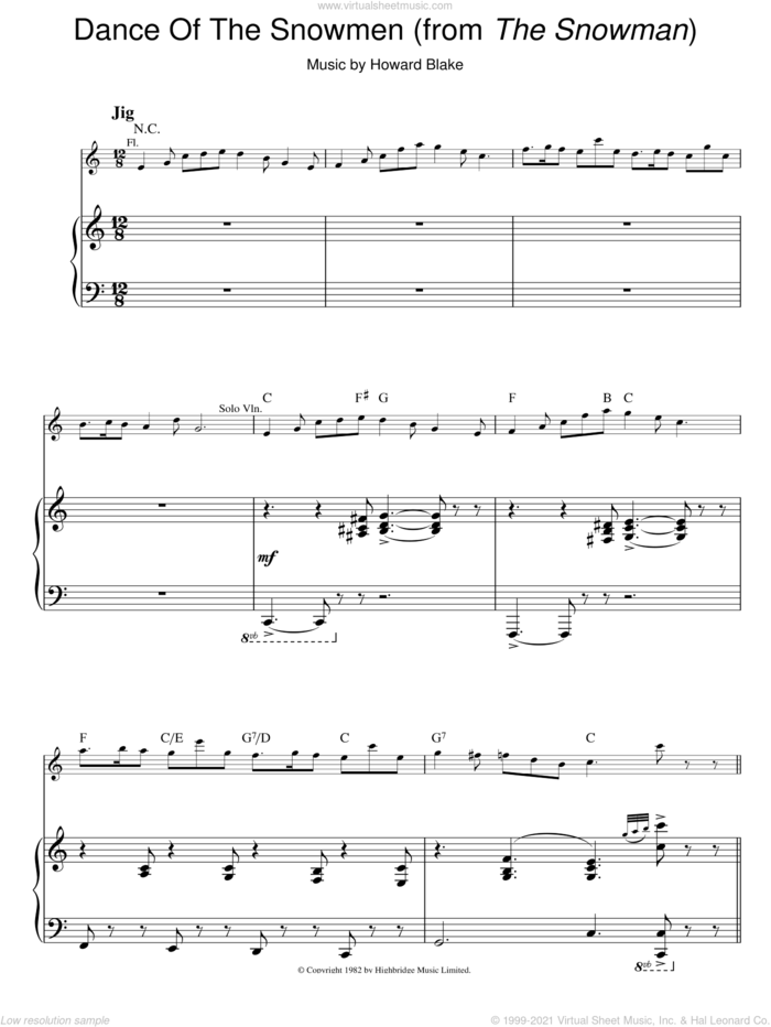 Dance Of The Snowmen sheet music for voice, piano or guitar by Howard Blake and The Snowman (Movie), intermediate skill level