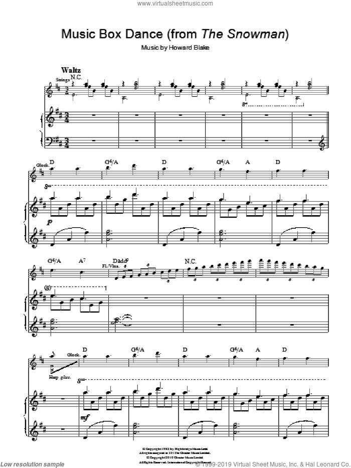 Music Box Dance (from The Snowman) sheet music for voice, piano or guitar by Howard Blake and The Snowman (Movie), intermediate skill level