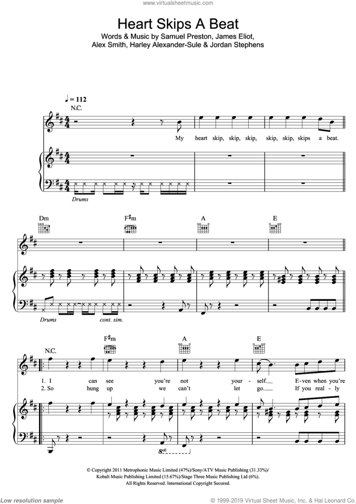 Heart Skips A Beat sheet music for voice, piano or guitar by Olly Murs, Alex Smith, Harley Alexander-Sule, James Eliot, Jim Eliot, Jordan Stephens and Samuel Preston, intermediate skill level